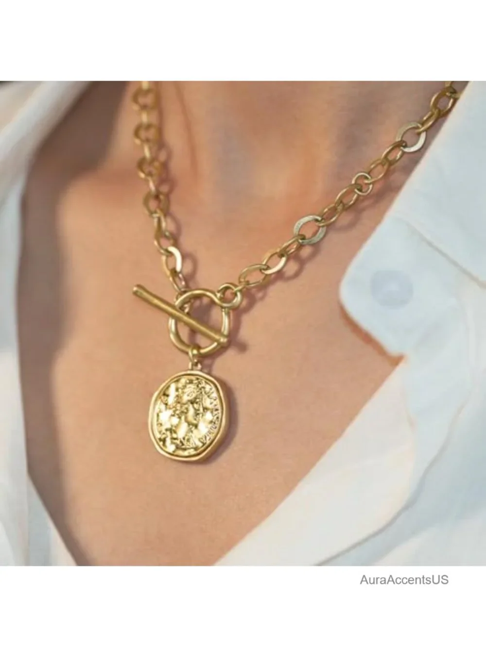 18K Gold Plated Chunky Coin Necklace Vintage Toggle Chain 18 Inch Statement